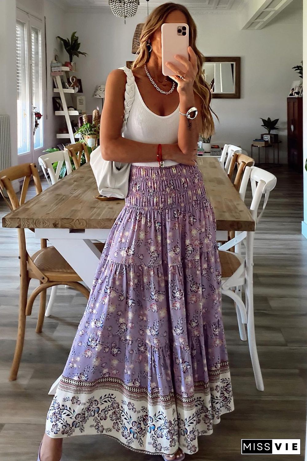 Purple Floral Print Shirred High Waist Maxi Skirt