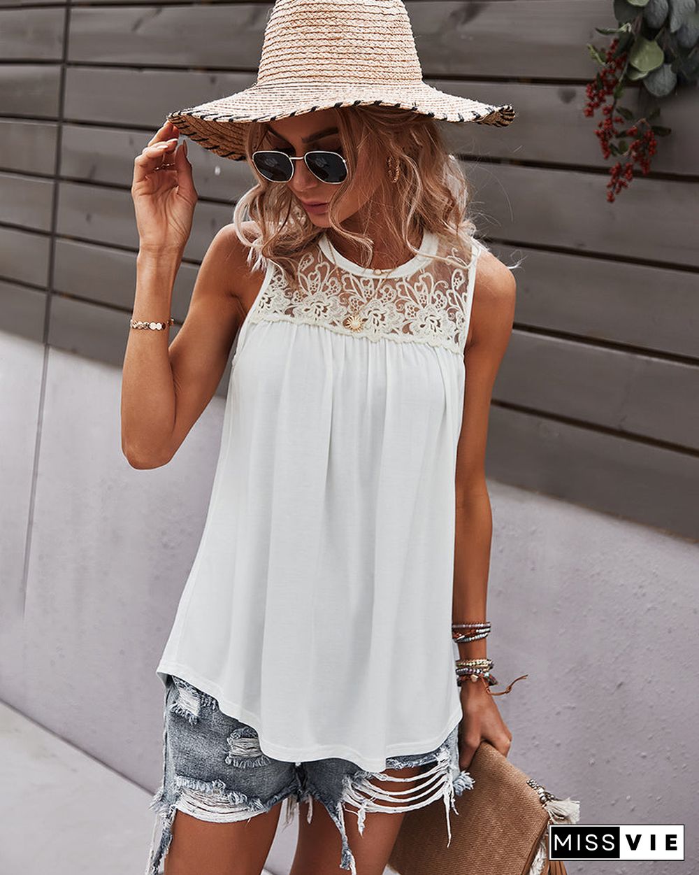 Sleeveless Round Lace Neck Casual Tank Top