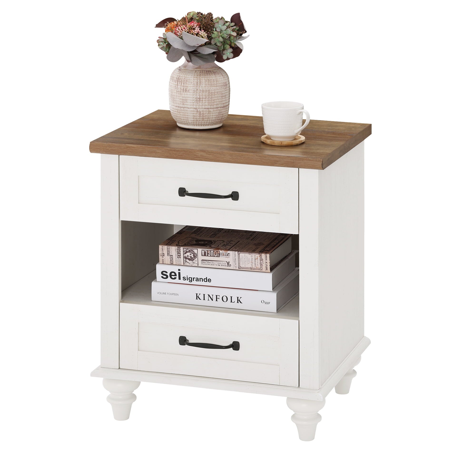 Nightstand, Bedside Table with Charging Station, End Table with 2 Drawer, Open Shelf, Modern Style for Bedroom, Living Room, White and Oak