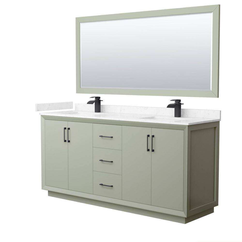 Wyndham Collection Strada 72 in. W x 22 in. D x 35 in. H Double Bath Vanity in Light Green with Carrara Cultured Marble Top and 70