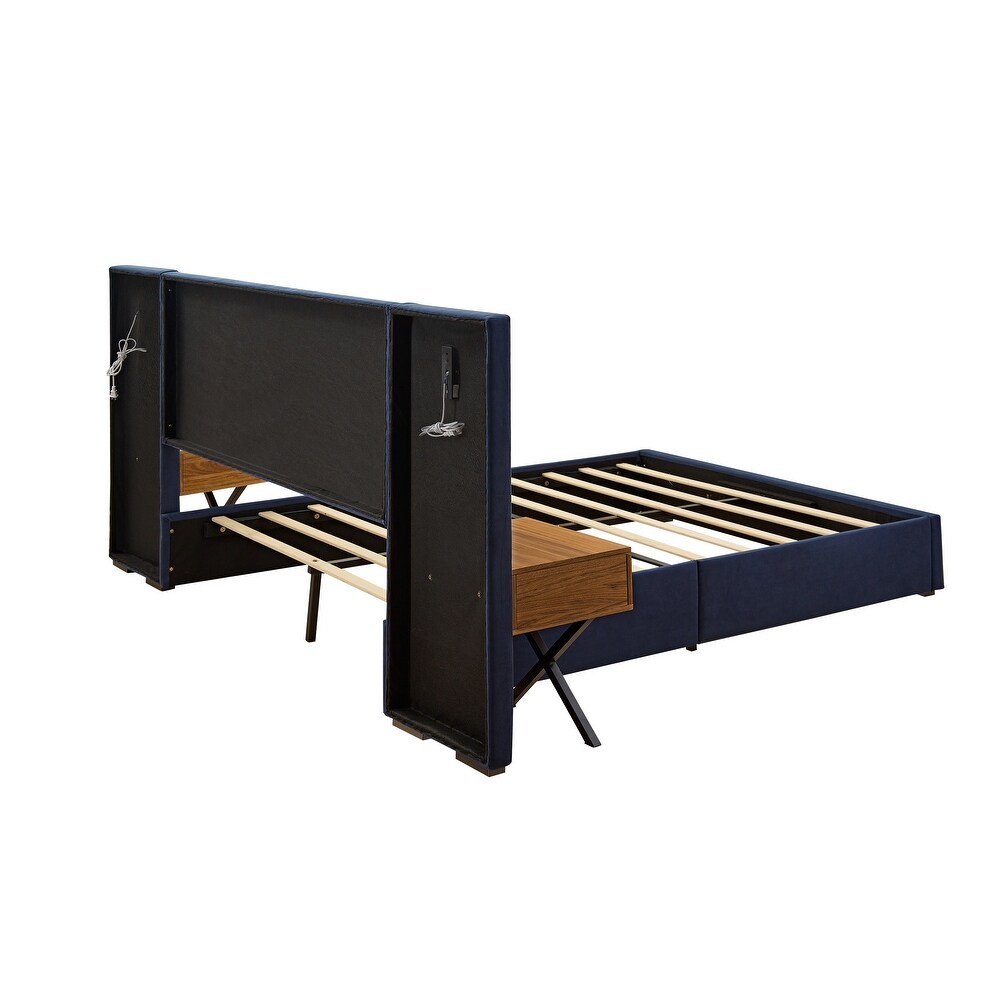 King Velvet Bed Frame Platform Bed   Retro Blue