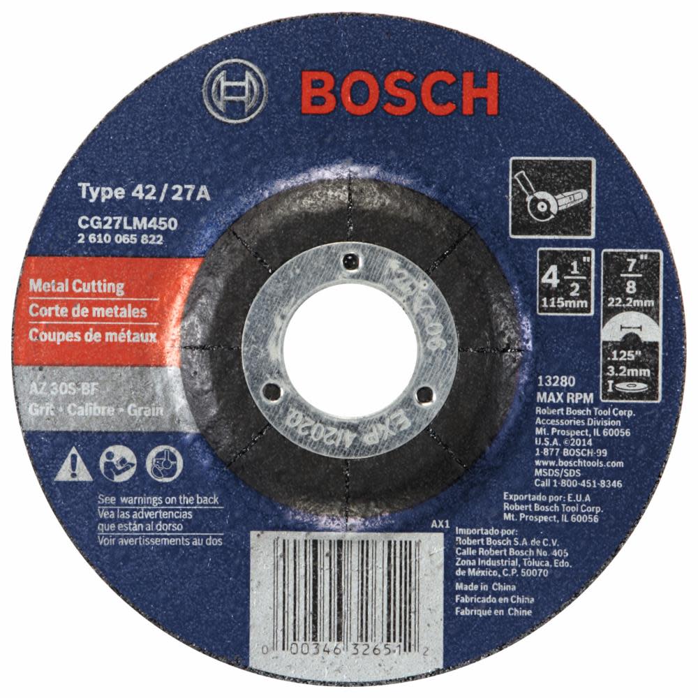 Bosch 4-1/2 In. 1/8 In. 7/8 In. Arbor Type 27 30 Grit Long-Life Grinding/Metal Cutting Abrasive Wheel CG27LM450 from Bosch