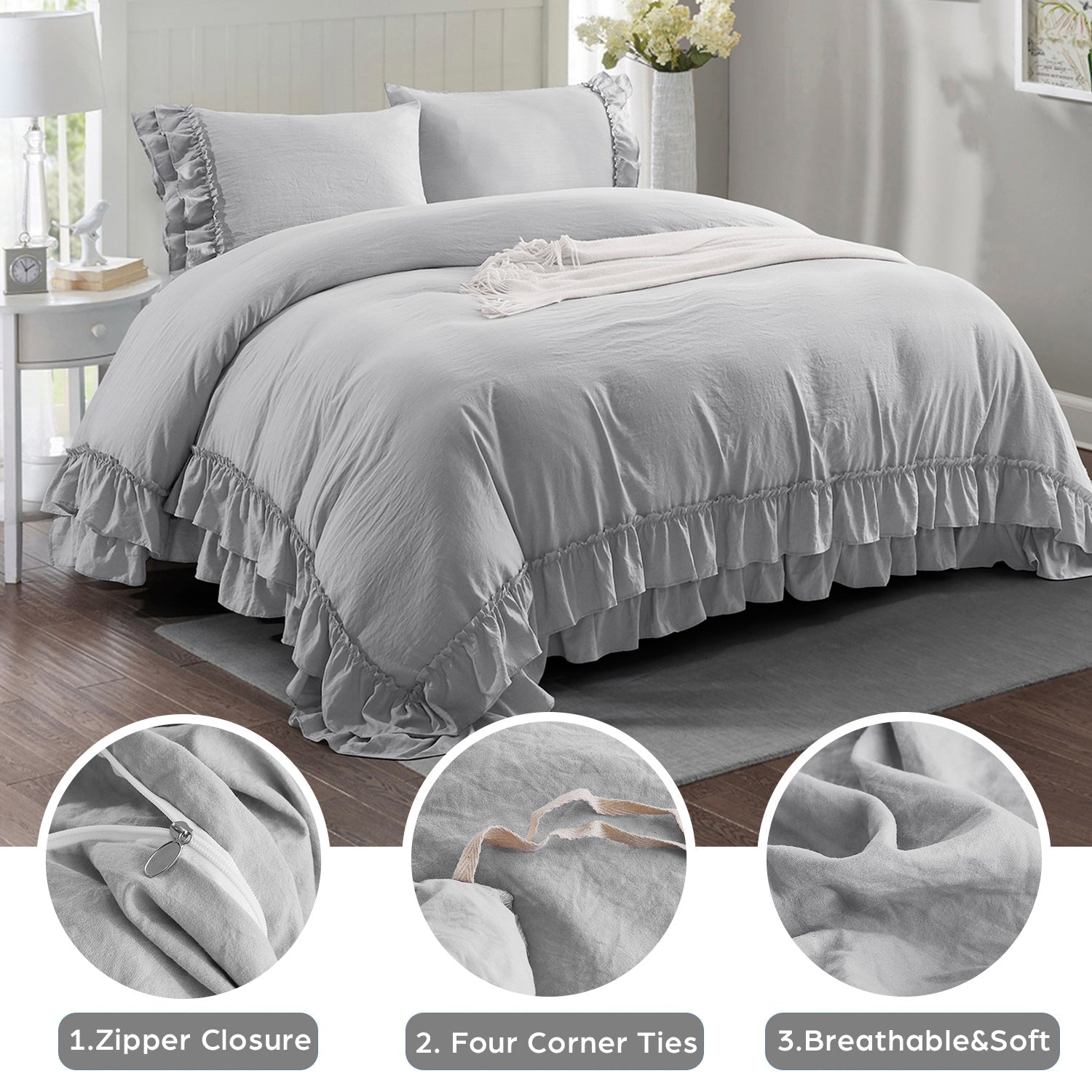 3 Piece Pre-Washed Microfiber Handmade Ruffle Fringe Duvet Cover Set-Hans