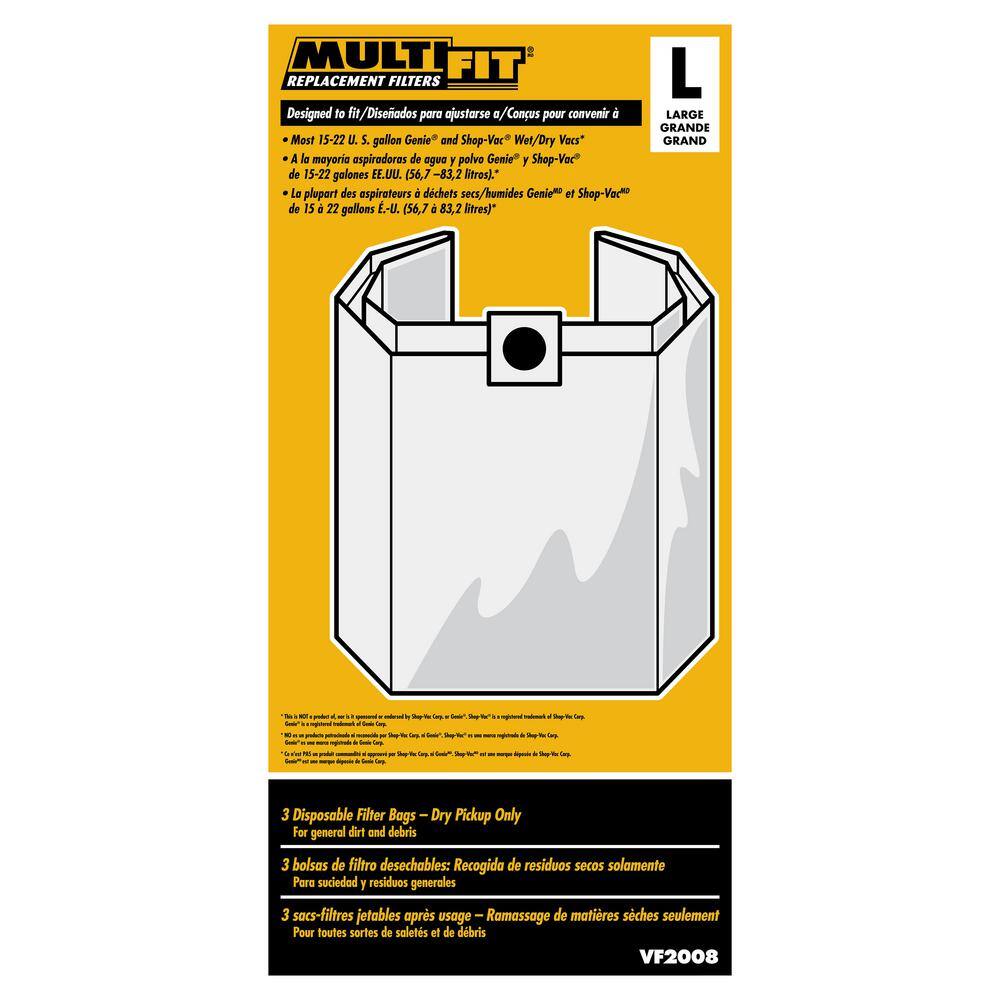 MULTI FIT 15 Gallon to 22 Gallon Dust Collection Bags for Shop-Vac Branded WetDry Shop Vacuums (3-Pack) VF2008