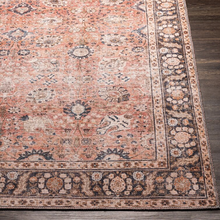 Bria Machine Washable Oriental Dusty Coral/Brick Red Area Rug