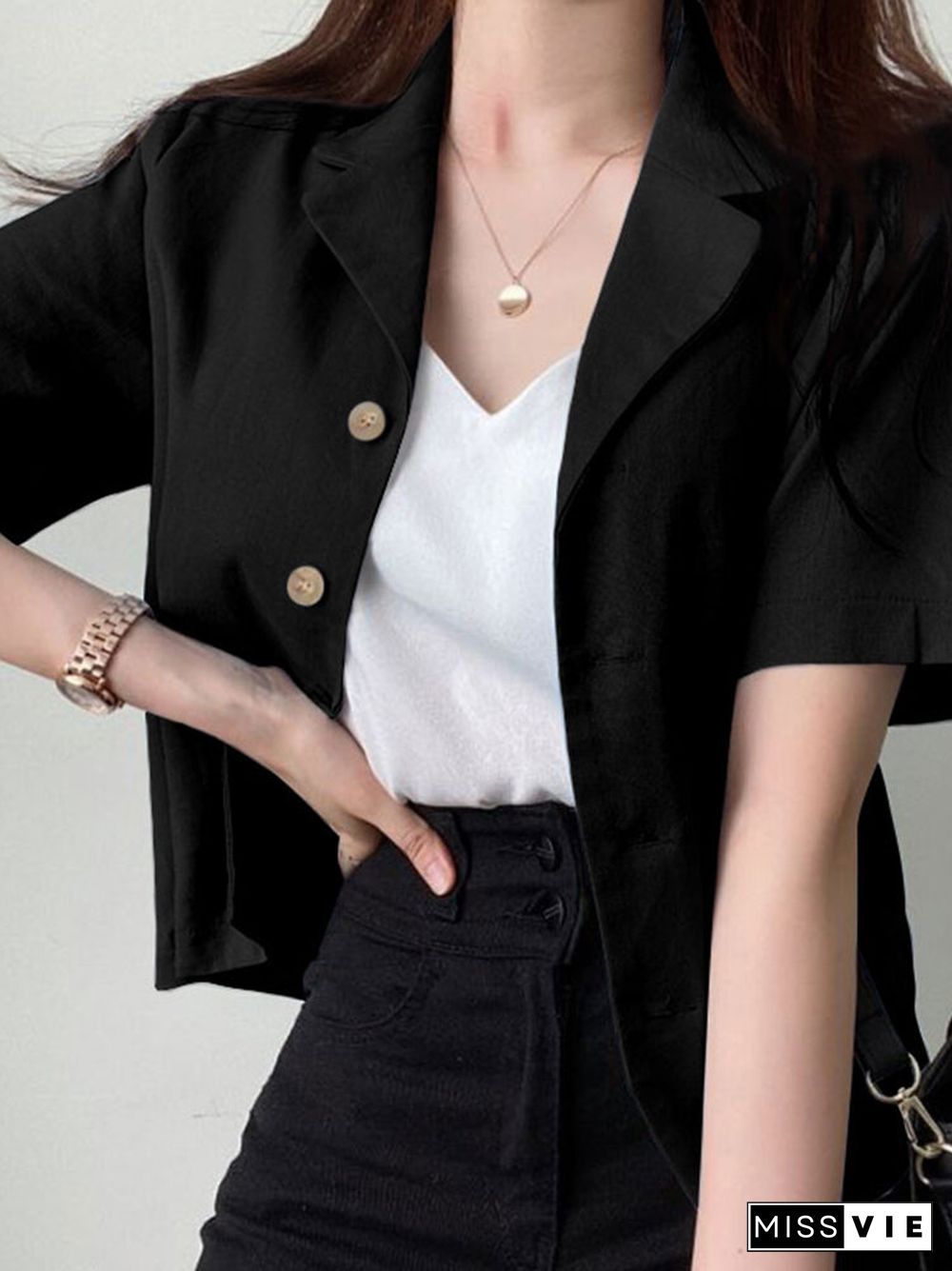 Solid Button Front Lapel Short Sleeve Casual Blazer