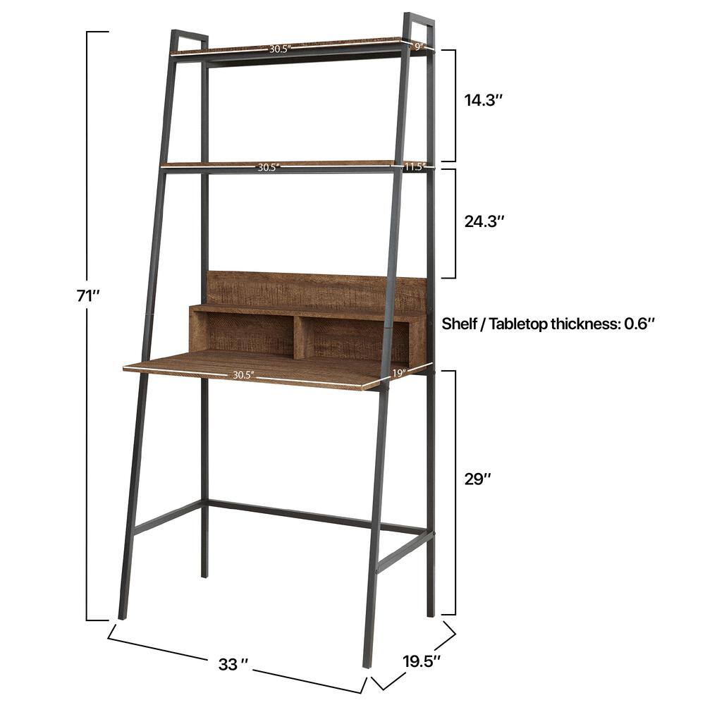 Vifah District 71 in. Walnut Wood 2 Shelf Ladder Bookcase with Desk V827