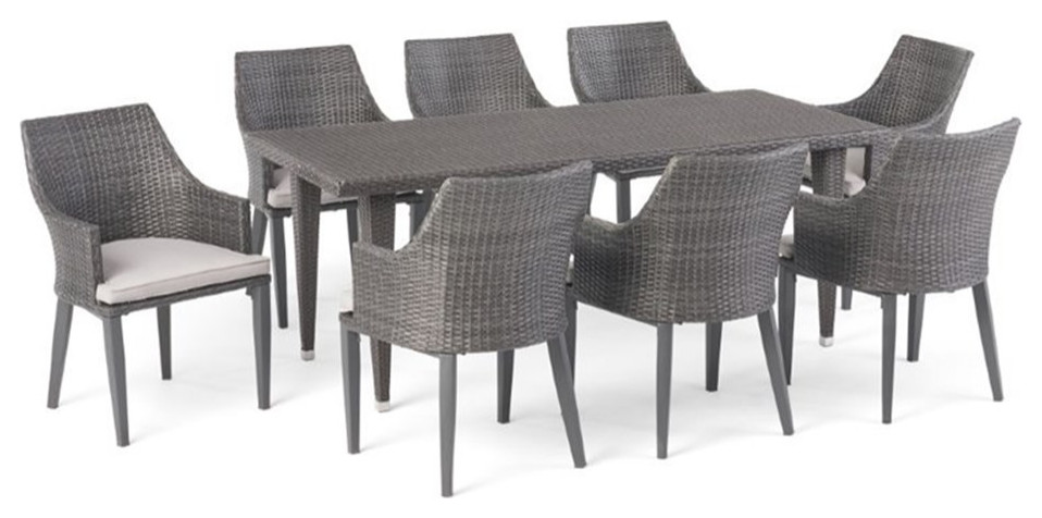 Noble House Lenox 9 Piece Outdoor Wicker Dining Set in Gray   Tropical   Outdoor Dining Sets   by Homesquare  Houzz