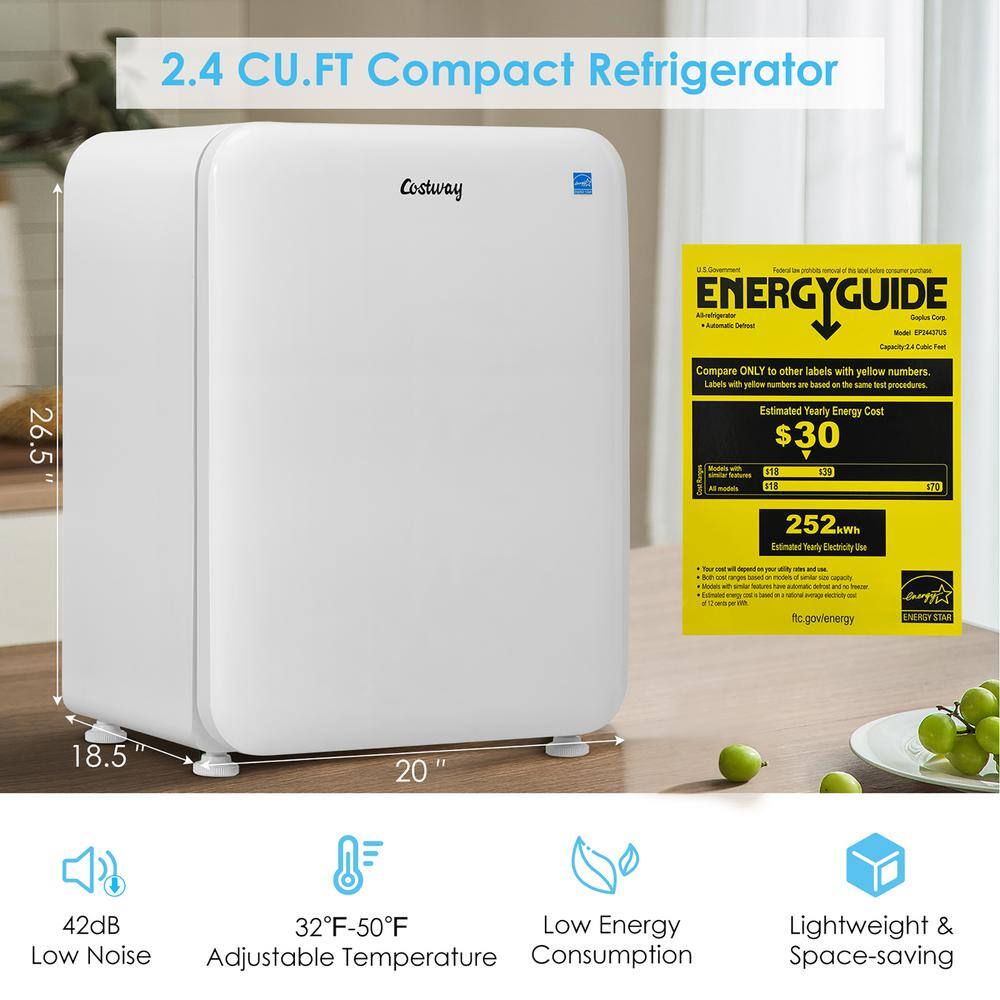 Costway 2.4 cu. ft. Compact Refrigerator Auto Defrost Reversible Door Mini Fridge in White without Freezer EP24437US-IV