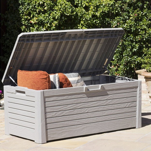 Toomax Florida Uv Resistant Lockable Deck Storage Box Bench For Outdoor Pool Patio Garden Furniture amp Indoor Toy Bin Container 145 Gallon warm Grey