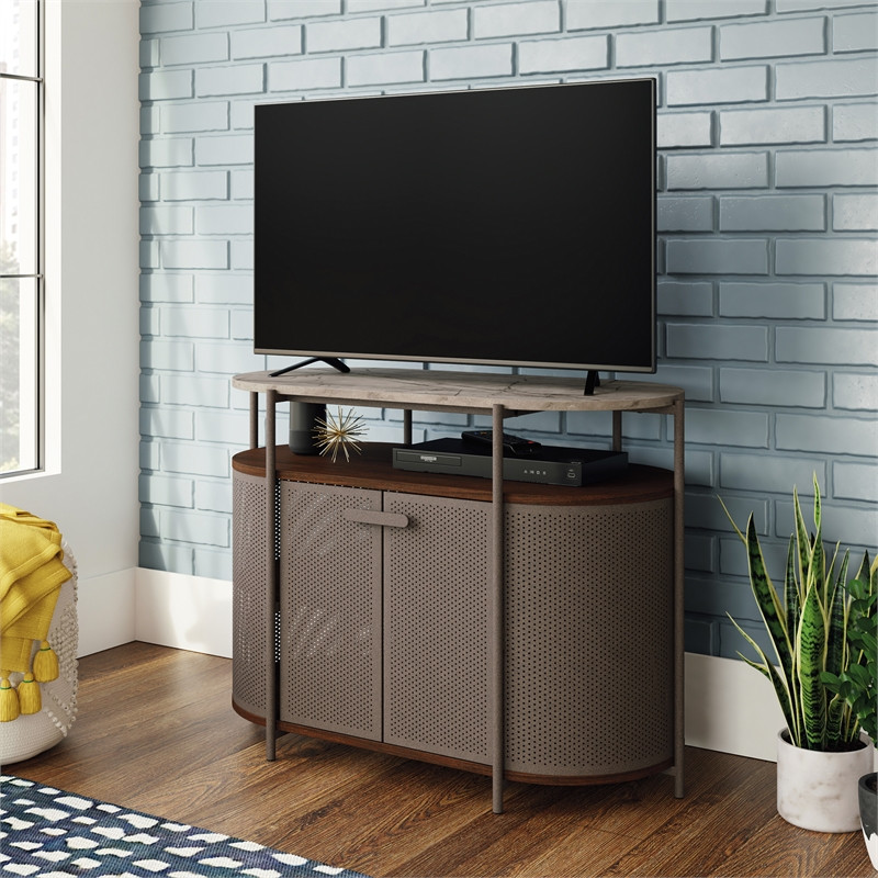 Sauder Radial Engineered Wood TV Stand in Umber Wood Finish/Dark Wood   Industrial   Entertainment Centers And Tv Stands   by Homesquare  Houzz