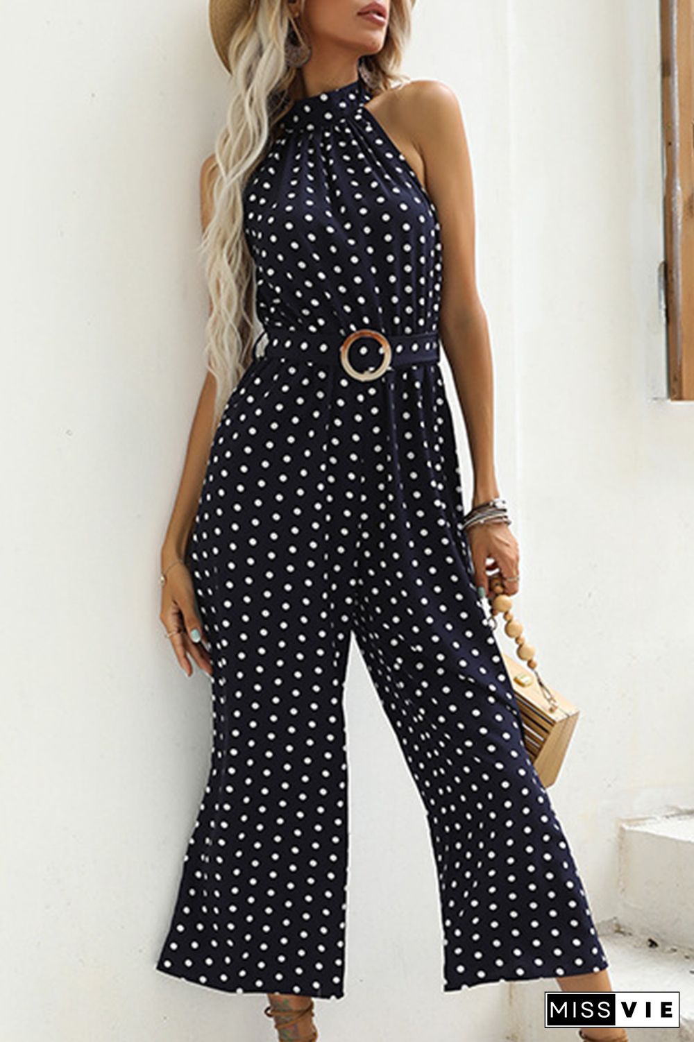 Fashion Elegant Polka Dot Split Joint With Belt Halter Straight Jumpsuits