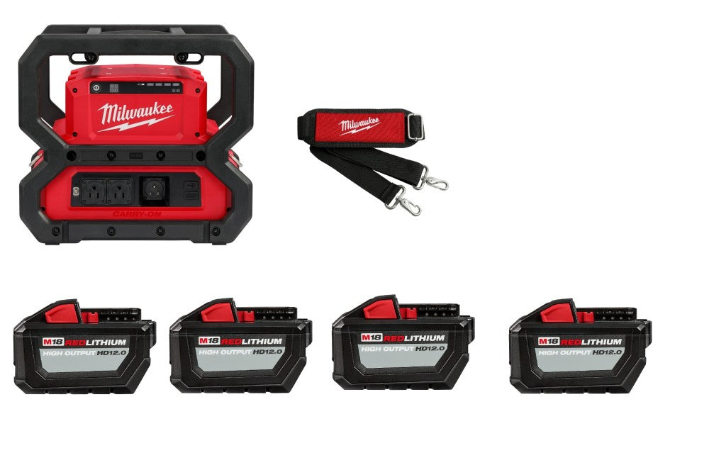 Milwaukee M18 CARRY ON 3600with 1800W Power Supply Shoulder Strap & HIGH OUTPUT HD 12.0Ah Battery 4pk Bundle 2845-20-1812 from Milwaukee