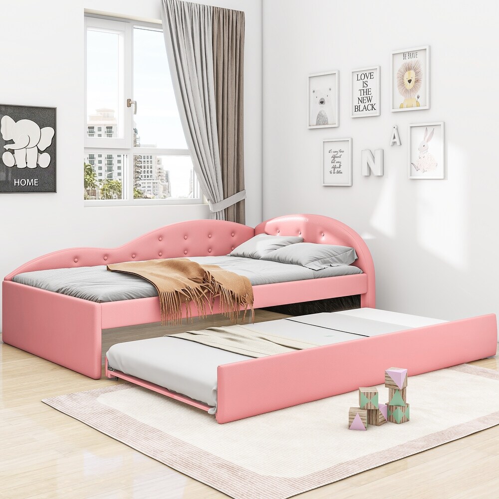 Twin Size Tufted Daybed w/ Cloud Shaped Guardrail Bunk Bed Frame  Pink