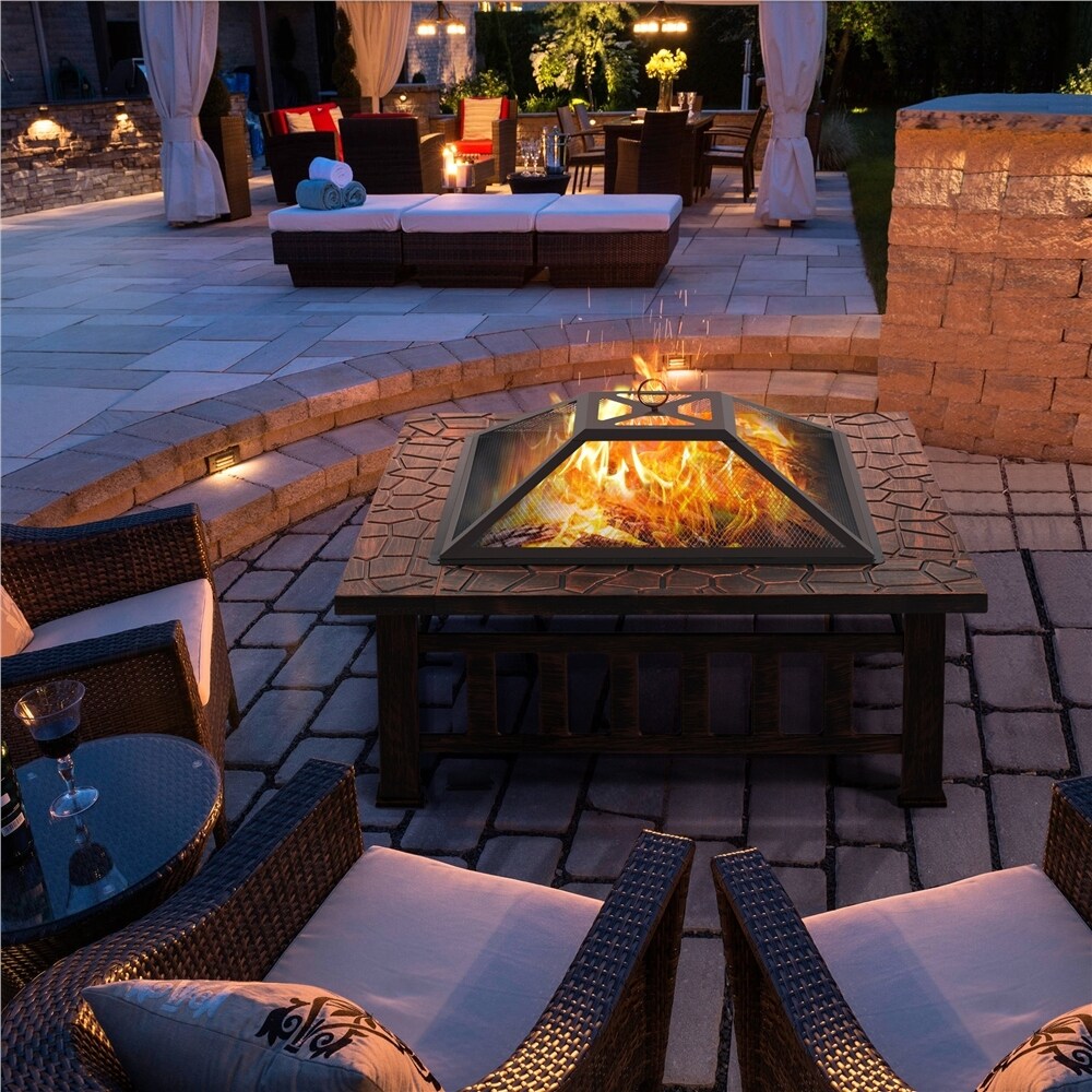 Yaheetech 34in Fire Pit Table Outdoor Patio Fire Pits Square Steel Stove with Mesh Screen and Cover