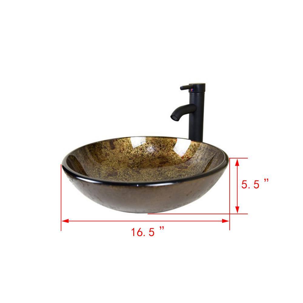 Flynama Solid Tempered Glass Round Bathroom Vessel Sink in Brown with Oil Rubbed Bronze Faucet and Chrome Pop-Up Drain USBR1001