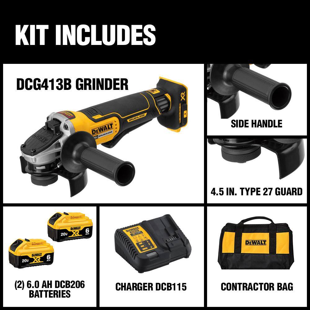 DW 20V MAX XR Cordless Brushless 4.5 in. Paddle Switch Small Angle Grinder with (2) 20V 6.0Ah Batteries DCG413R2