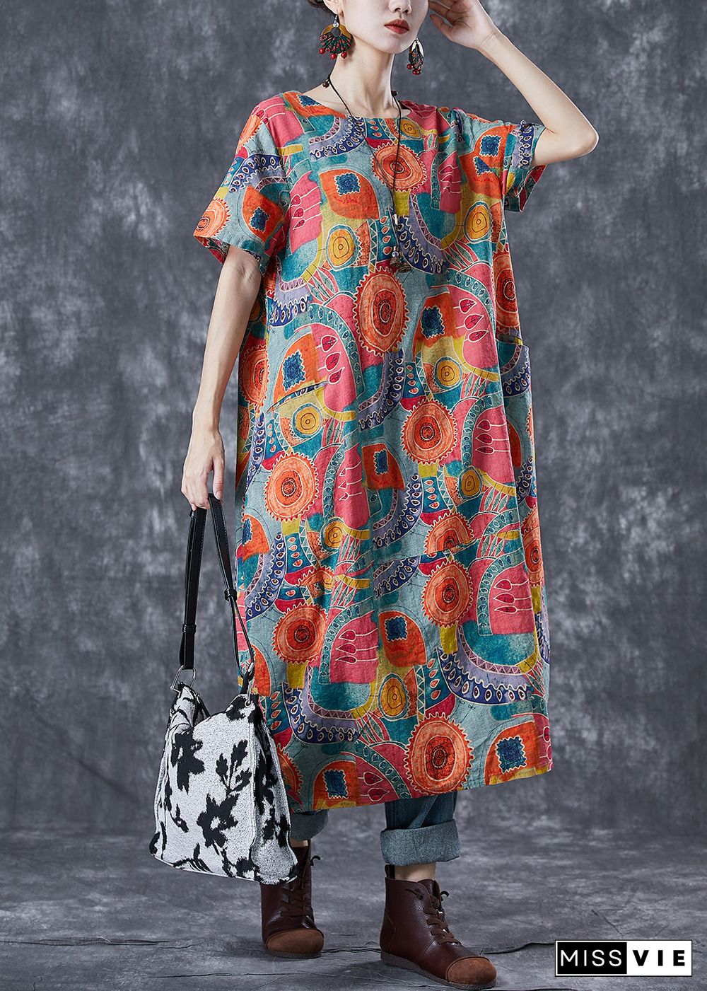 Fitted Orange Oversized Print Linen Maxi Dresses Summer