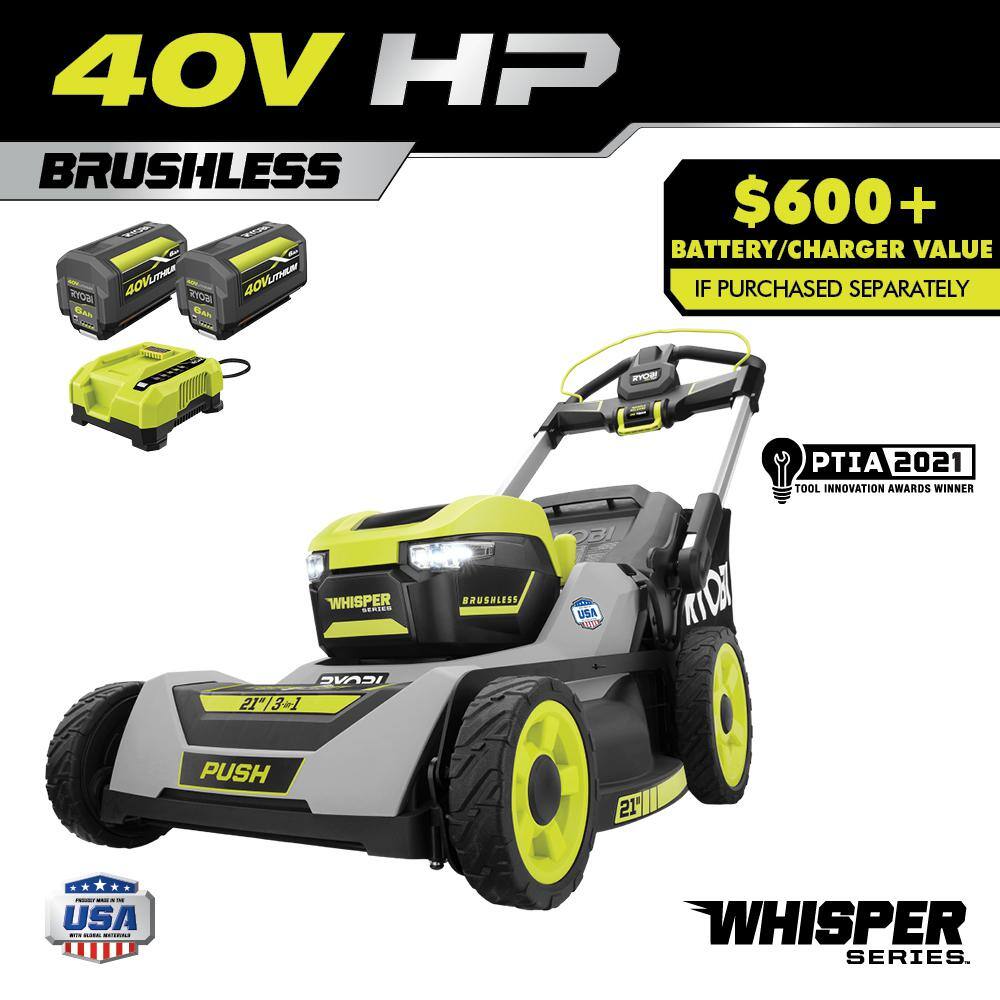 RYOBI 40-Volt HP Brushless 21 in. Whisper Series Cordless Walk-Behind Dual Blade Push Mower w(2) 6.0 Ah Batteries and Charger RY401220