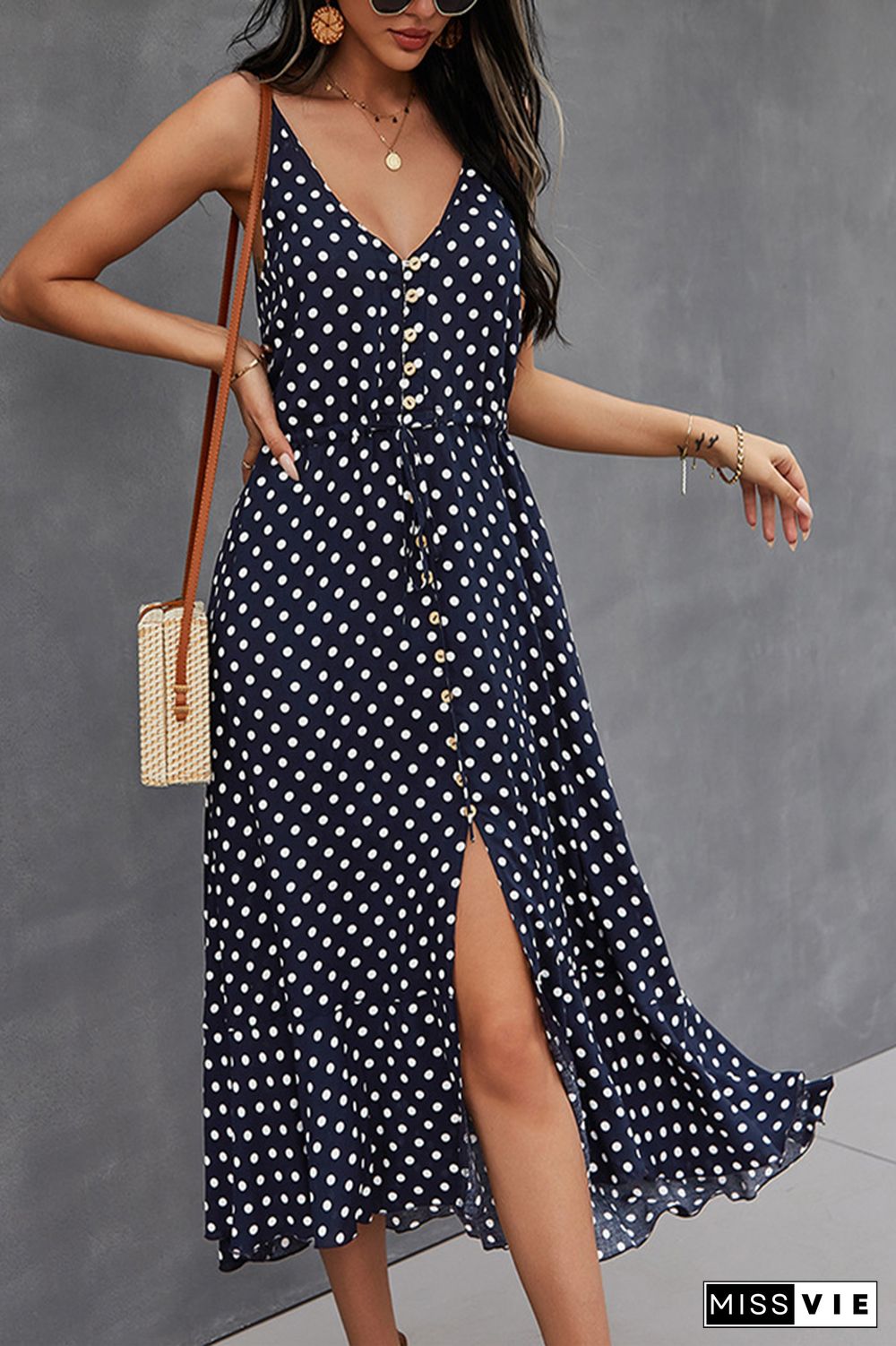 Polka Dots Sleeveless Midi Dress Wholesale