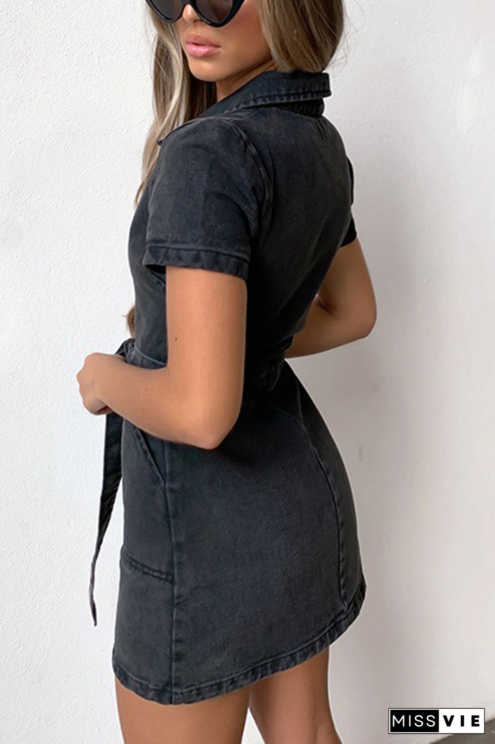 Denim Zip Front Mini Dress Wholesale