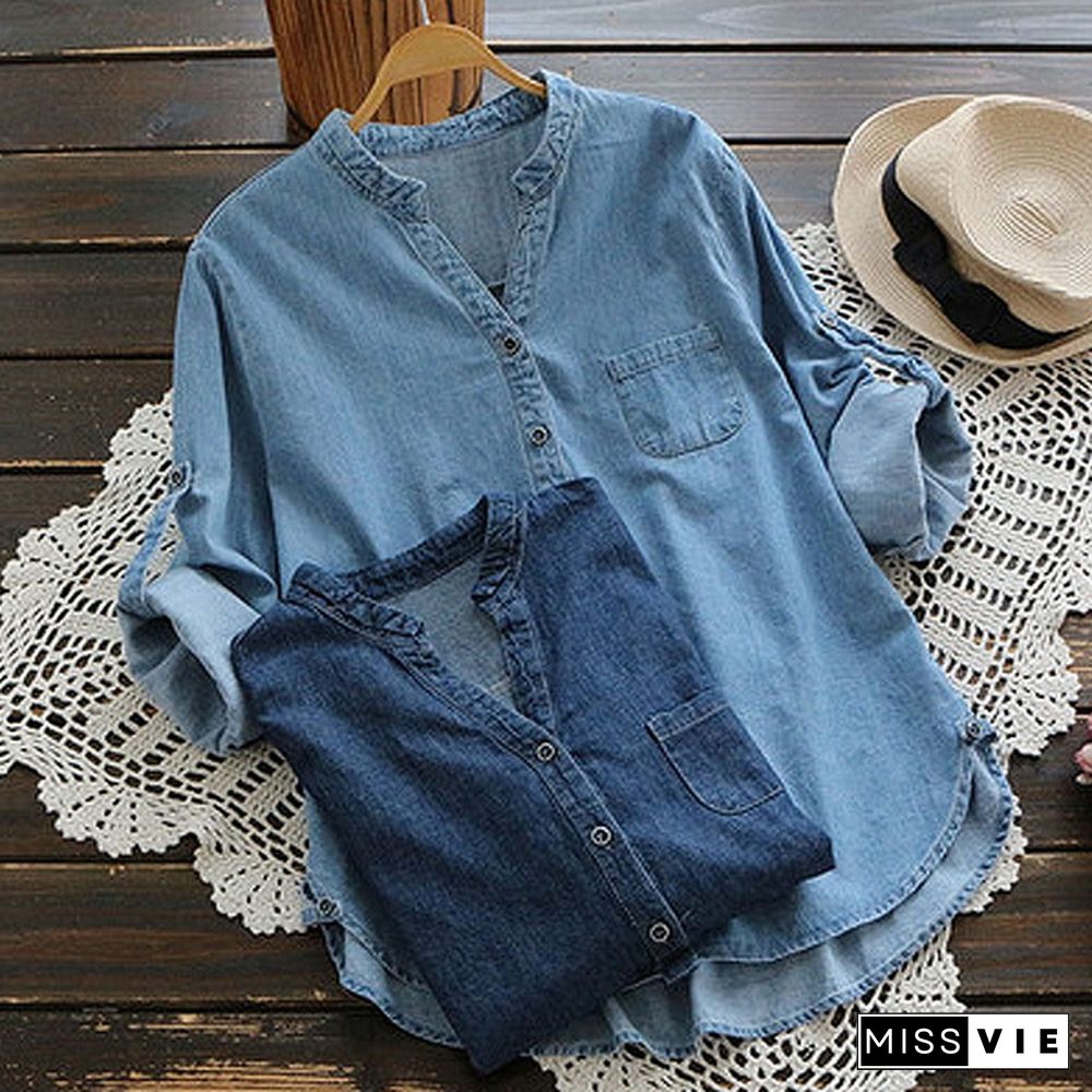 Denim Blue Shirt Women Long Sleeve V Neck Long Adjustable Sleeve Buttons Dip Hem Jeans Shirts Tops