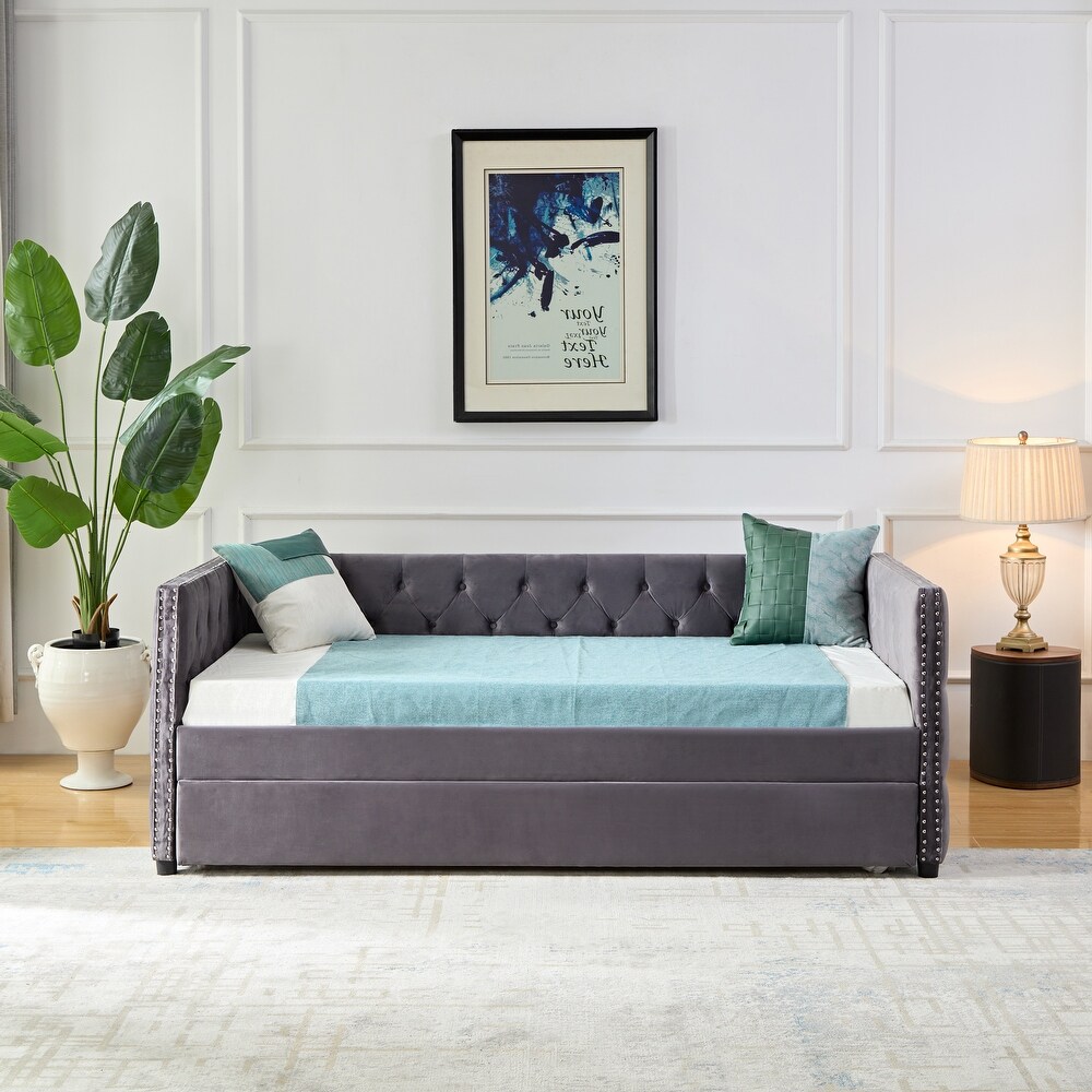 Twin Velvet Daybed with Button and Copper Nail with Trundle  Grey