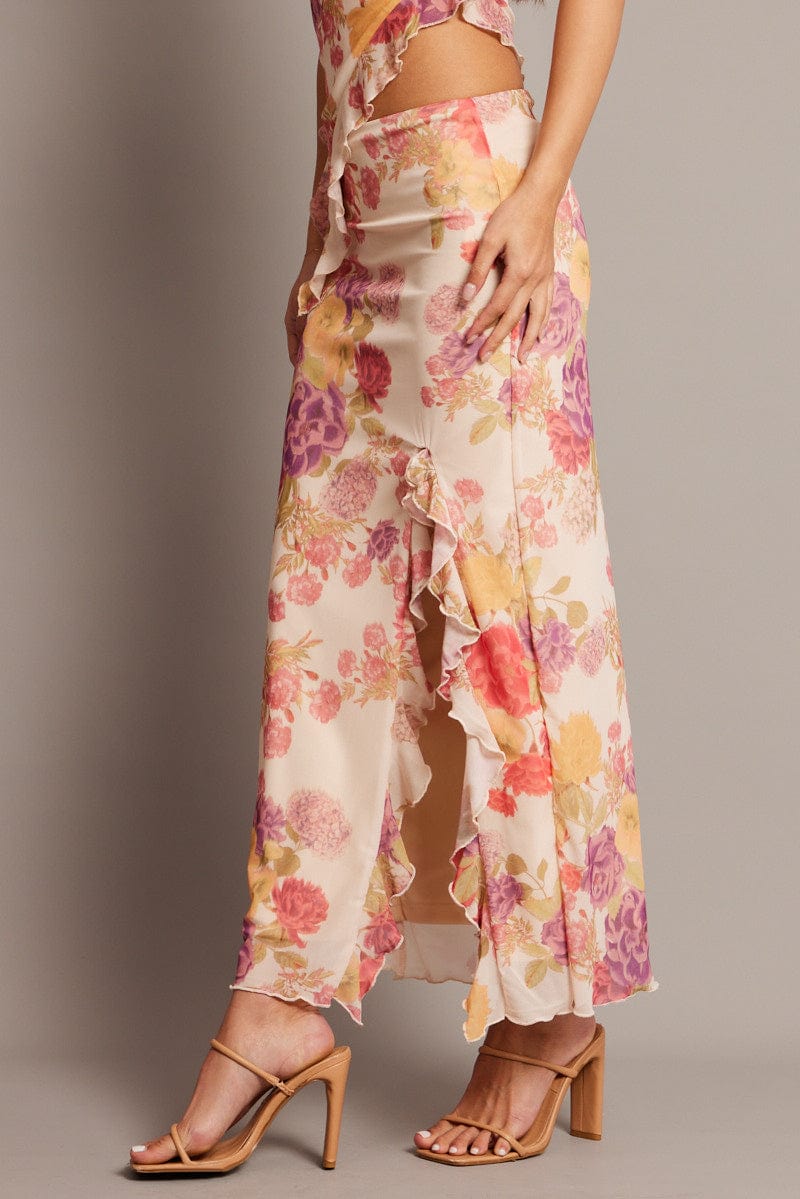 Multi Floral Maxi Skirt High Rise Ruffled Slit Frill Hem Mesh