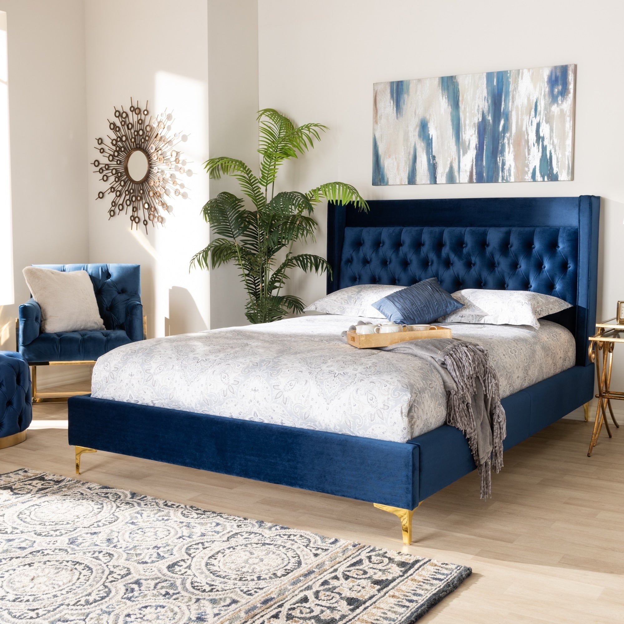 Baxton Studio Contemporary Velvet Upholstered Tufted Glam Platform Bed Blue Queen