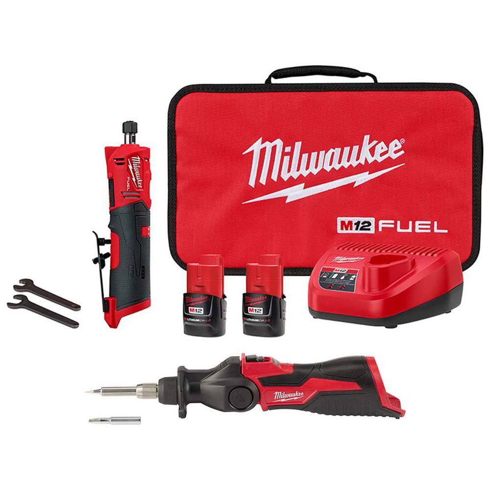 MW M12 FUEL 12V Lithium-Ion Brushless Cordless 14 in. Straight Die Grinder Kit wM12 Soldering Iron 2486-22-2488-20