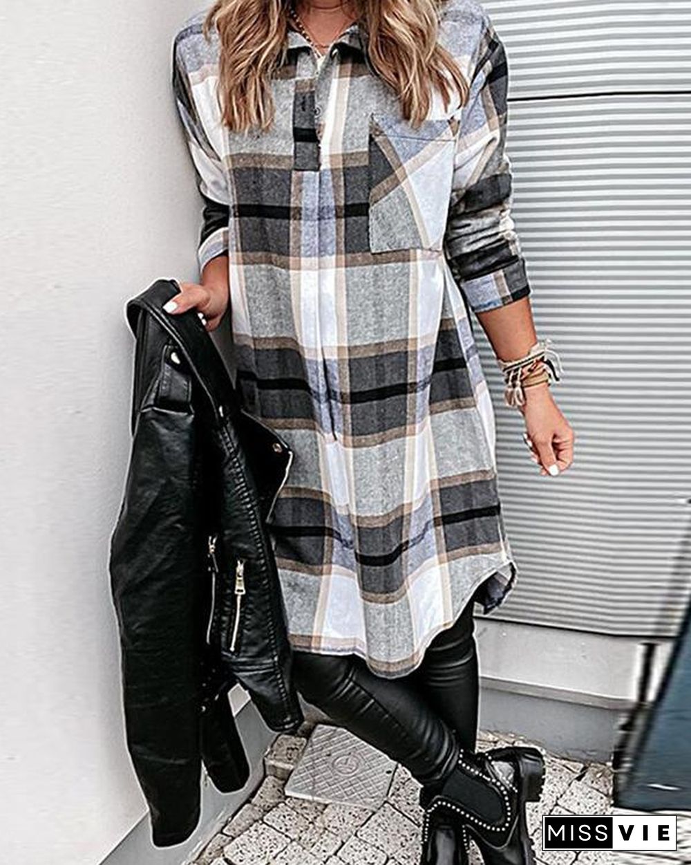 Check Pocket Long Sleeve Casual Shirt Dress