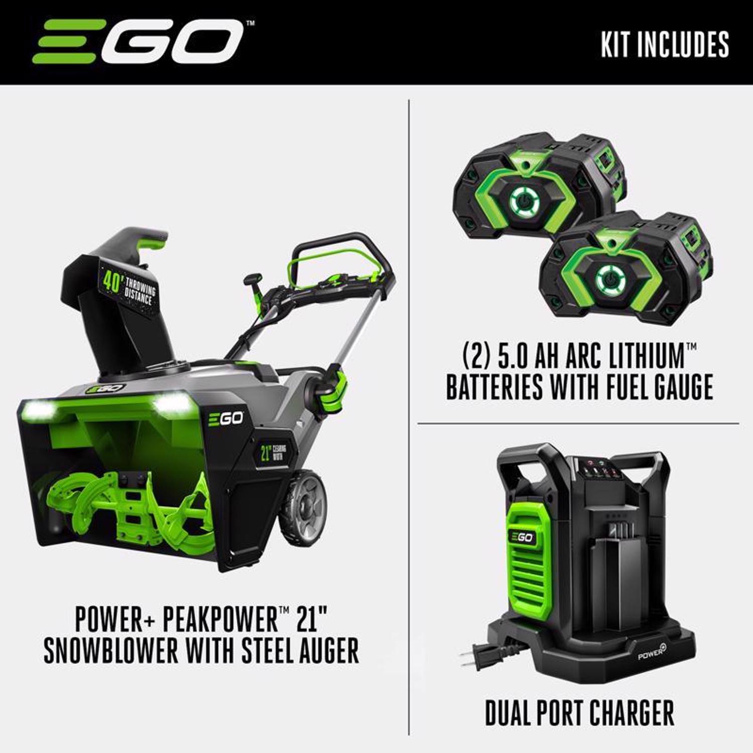 EGO Power+ Peak Power SNT2112 21 in. Single stage 56 V Battery Snow Blower Kit (Battery \u0026 Charger) W/ STEEL AUGER \u0026 TWO 5.0 AH BATTERIES