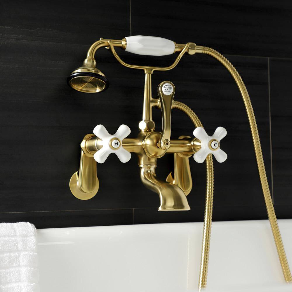 Kingston Brass Aqua Vintage 3-Handle Wall-Mount Clawfoot Tub Faucets with Hand Shower in Brushed Brass HAE59T7