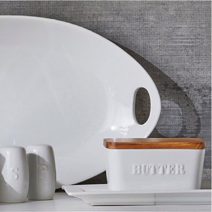 Better Homes and Gardens- White and Acacia Wood Porcelain Embossed Butter Dish