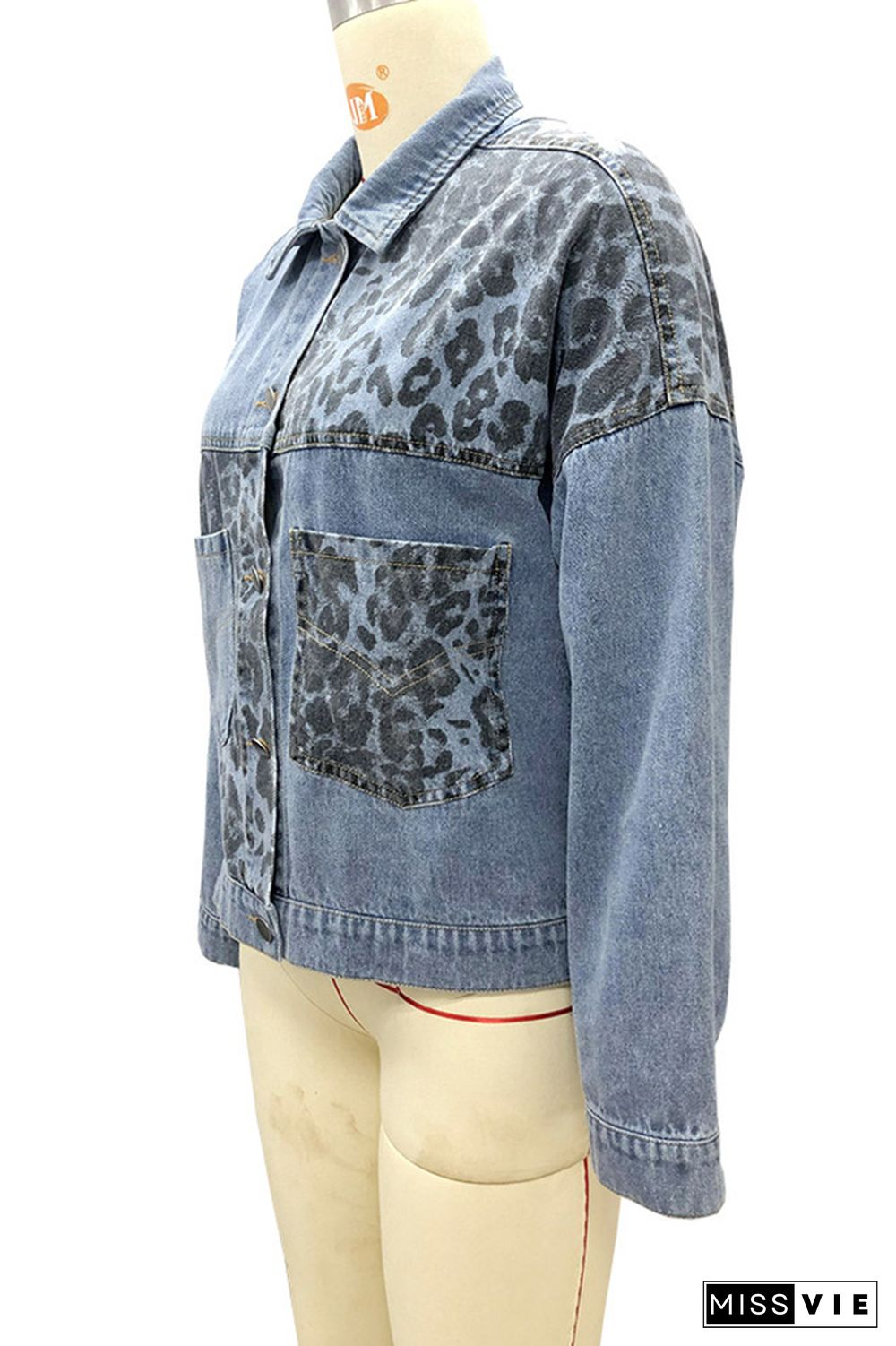 Denim Leopard Print Patchwork Button Jacket Wholesale