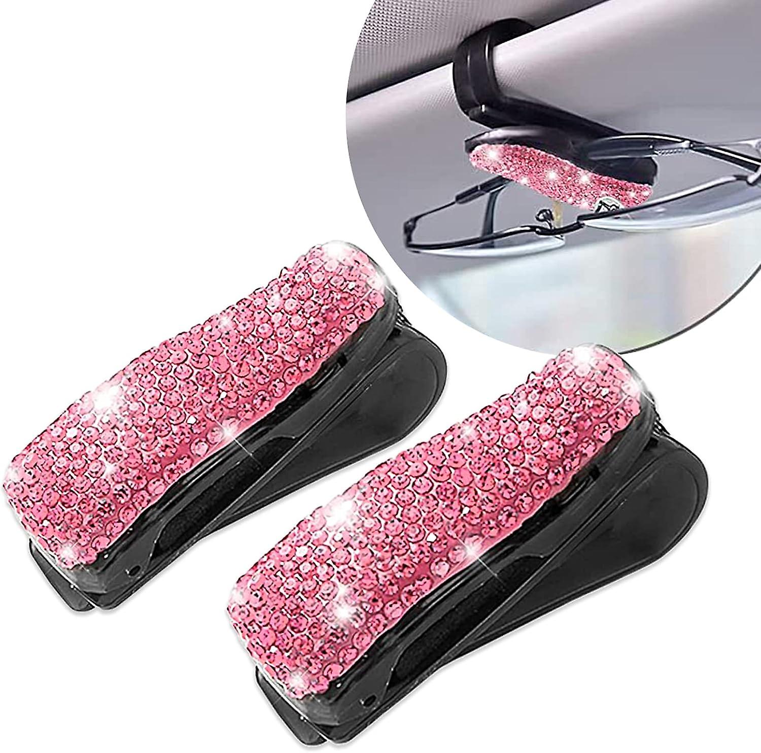 2 Pcs Glasses Holders For Car Sun Visor， Bling Crystal Rhinestones Eyeglasses Clip Hanger Mount With Ticket Card Clip For Women Girls