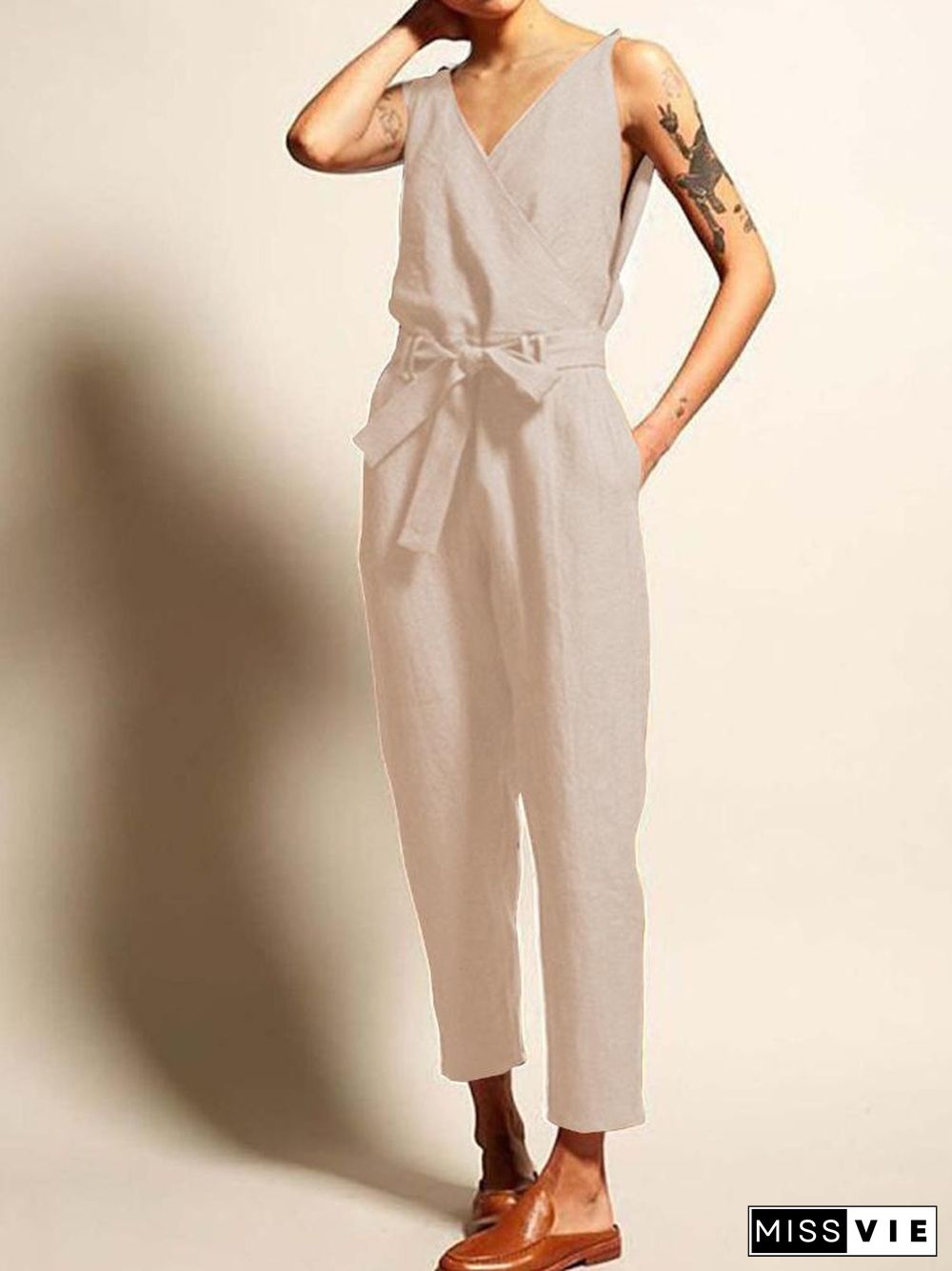 V-Neck Waistband Women's Casual Jumpsuit