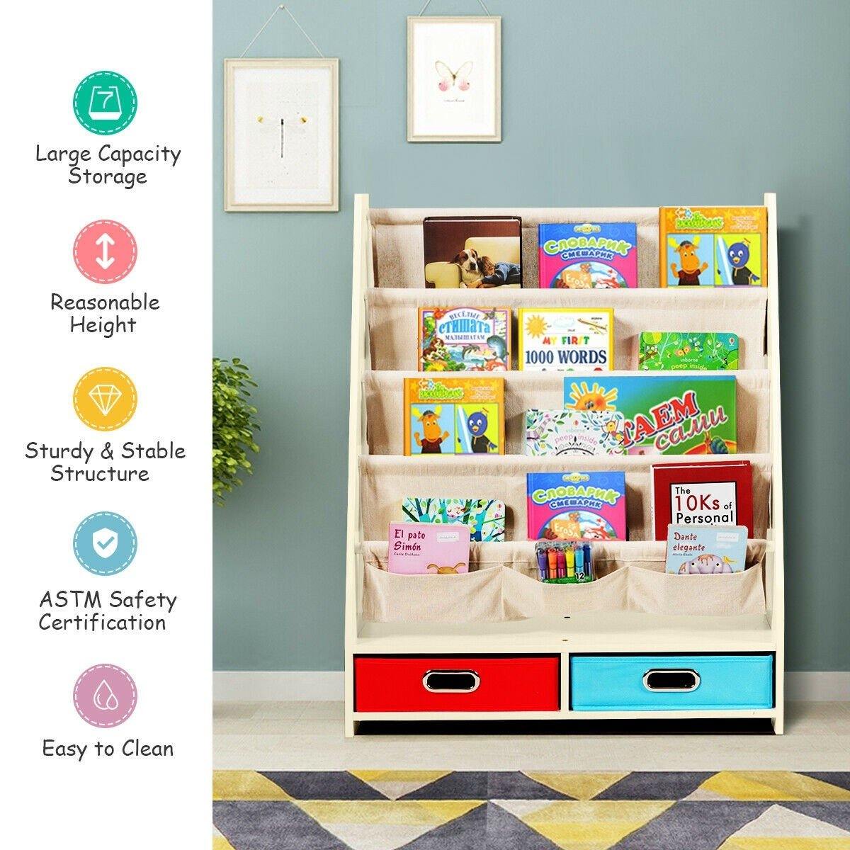 Costzon Bookshelf for Kids, 2 in 1 Children Display Bookcase Classroom Storage Organizer