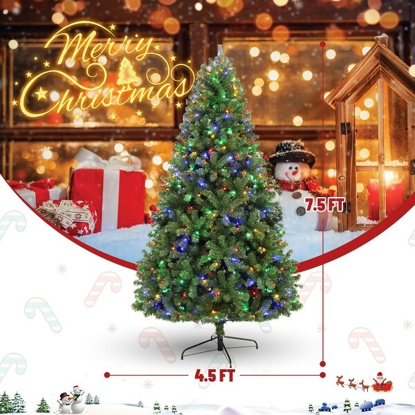 7.5ft PreLit Artificial Holiday Christmas Tree with MultiColor Lights，Premium Hinged Spruce Xmas Tree with 1346 Branch Tips