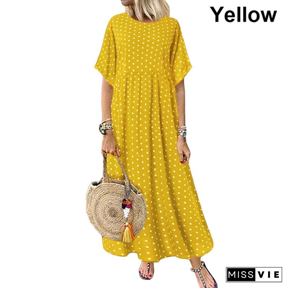 Women Summer Retro Polka Dot Printed Long Dress Casual Loose O-neck Short Sleeve Tunic Dress Maxi Dress Vestidos S-5XL