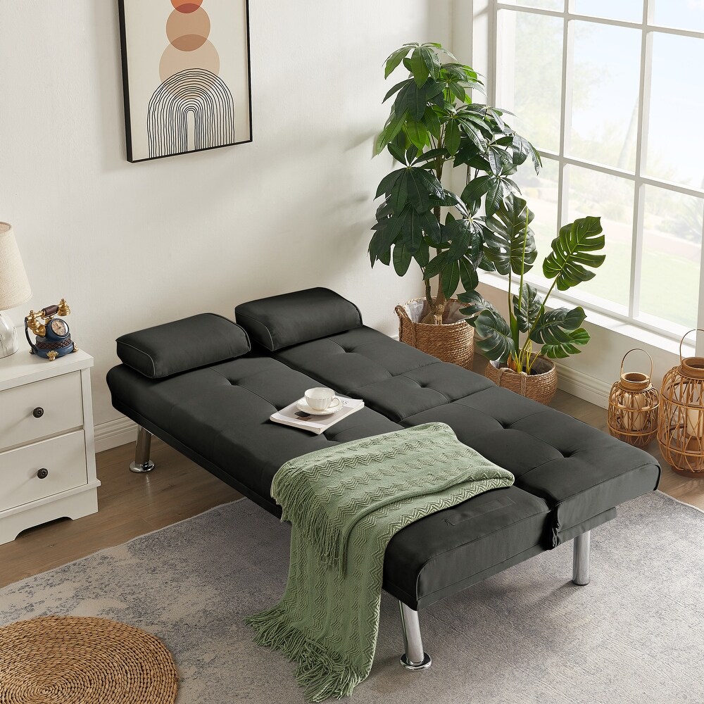 100% Fabric Linen Upholstered Convertible Folding Futon Sofa Bed with Removable Armrests  Metal Legs  2 Cupholders