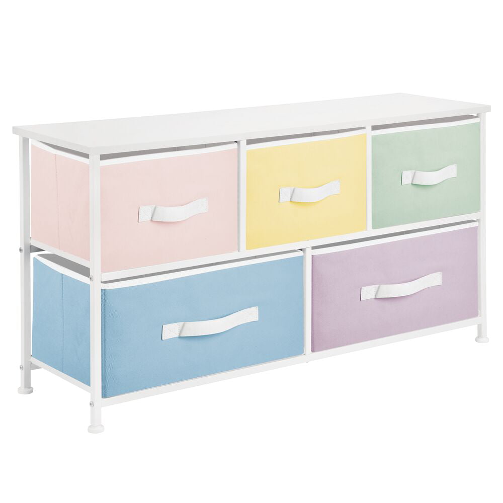 mDesign Wide Steel Frame/Wood Top Storage Dresser Furniture with 5 Fabric Drawers, Large Bureau Organizer for Baby, Kid, and Teen Bedroom, Nursery, Playroom, Dorm - Jane Collection, Bright/Multi