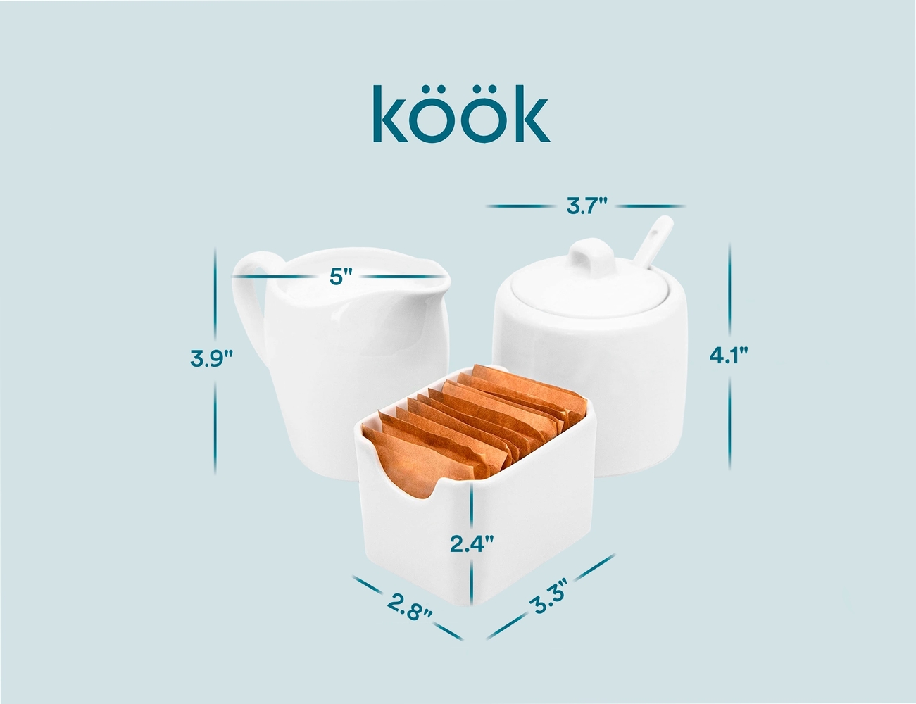 Kook Sugar and Creamer Set， 3 Piece， Pitcher， Sugar Bowl with Lid and Spoon， Sweetener Holder， White