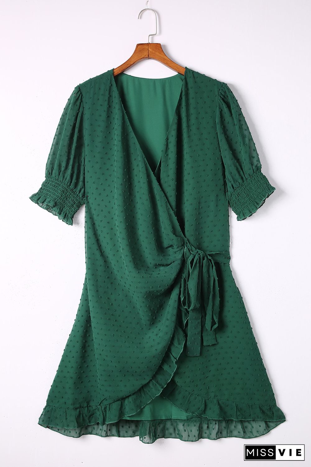 Green Plus Size Swiss Dot Puff Sleeve Wrap Dress