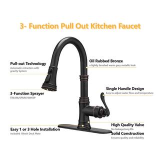 FORCLOVER Single-Handle Deck Mount 3 Spray High Arc Pull Down Sprayer Kitchen Faucet with Deck Plate in Oil Rubbed Bronze FRIMFYT10ORB