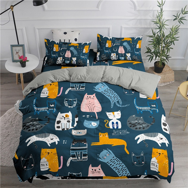 Cartoon Duvet Cover Set Cute Cats Printed 3D