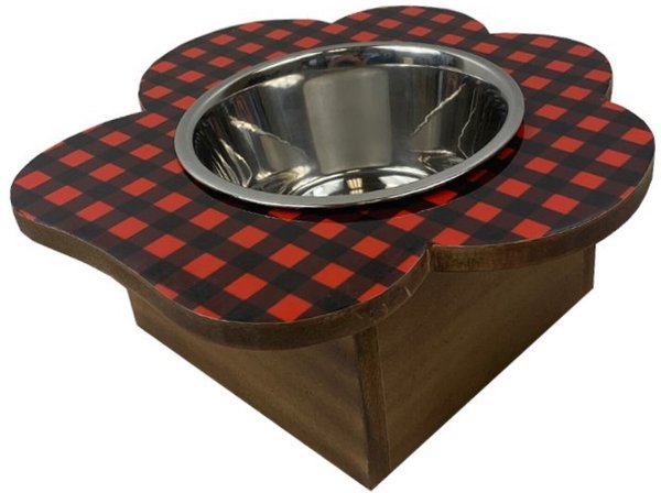 Mela Artisans Paw Shaped Elevated Dog and Cat Bowl， Black and White Buffalo Plaid， 2-cup