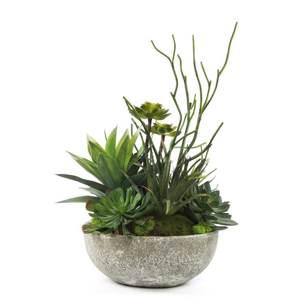 Faux Succulents and Agave Plant in Round Concrete Bowl