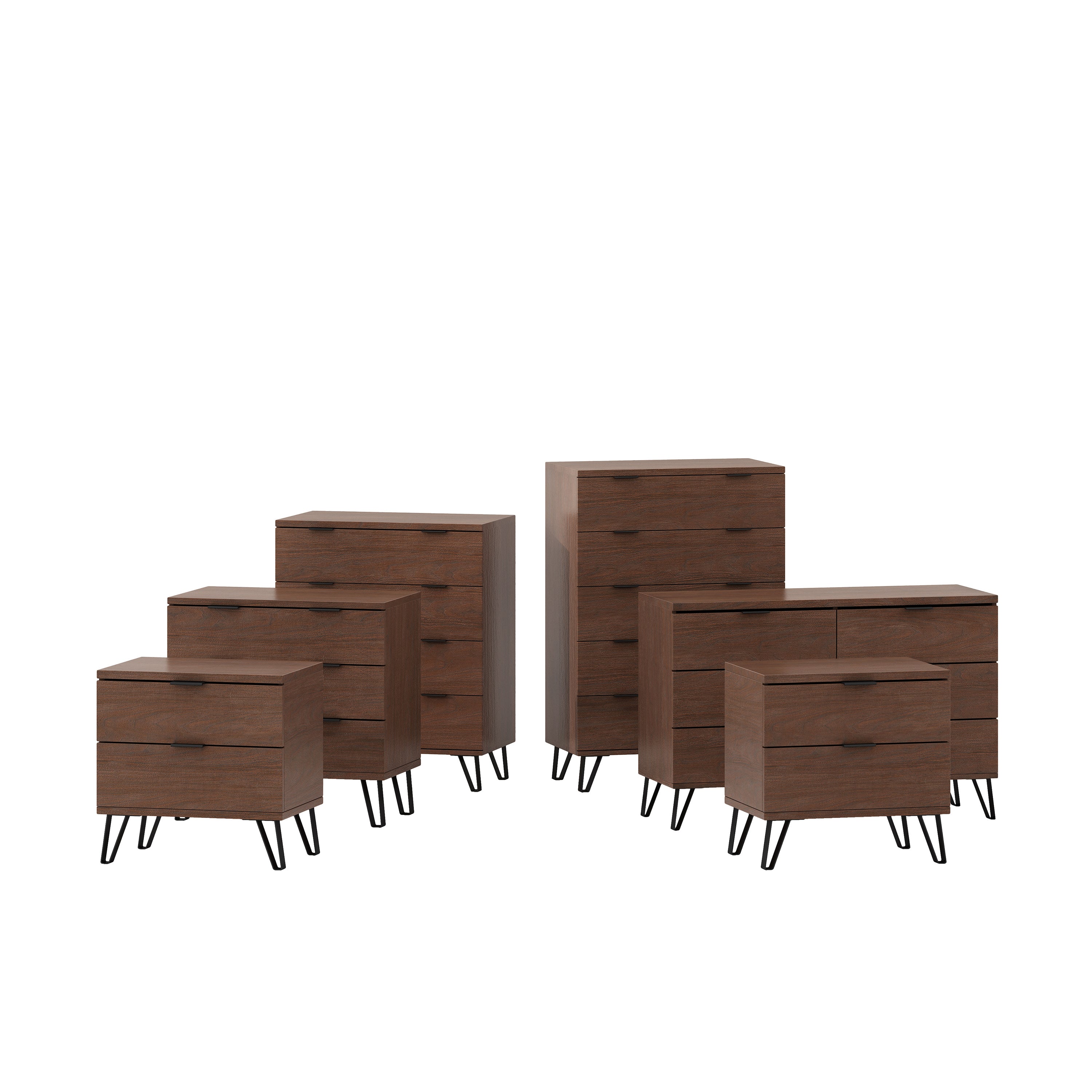 Demijen Modern Industrial 6 Piece Bedroom Set with Wide 5 Drawer Dresser, Walnut and Matte Black