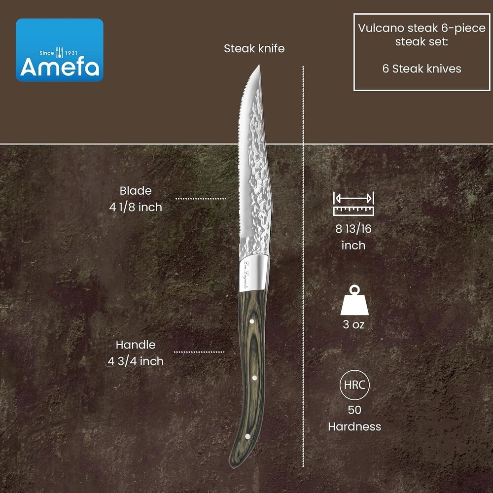 Amefa Lou Laguiole Vulcano Steak Knives Set of 6 Pakka Wood Handle   Silver and Pakka Wood